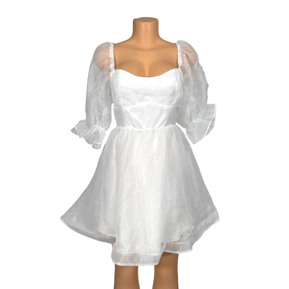Selfie Leslie White Organza Puff Sleeve Sweetheart Mini Dress XXL New